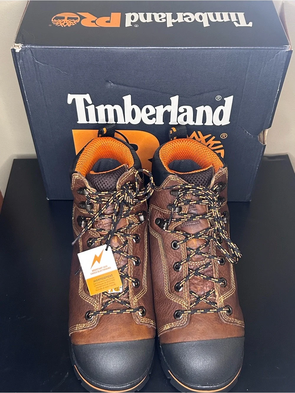 Timberland PRO Men's Brown and Black Leather Work Boots with Orange Accents